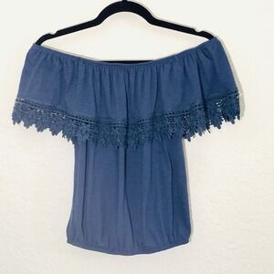 Paper Tee Off Shoulder Top‎ Women S Blue Crochet Lace Trim Blouse Boho Cottage